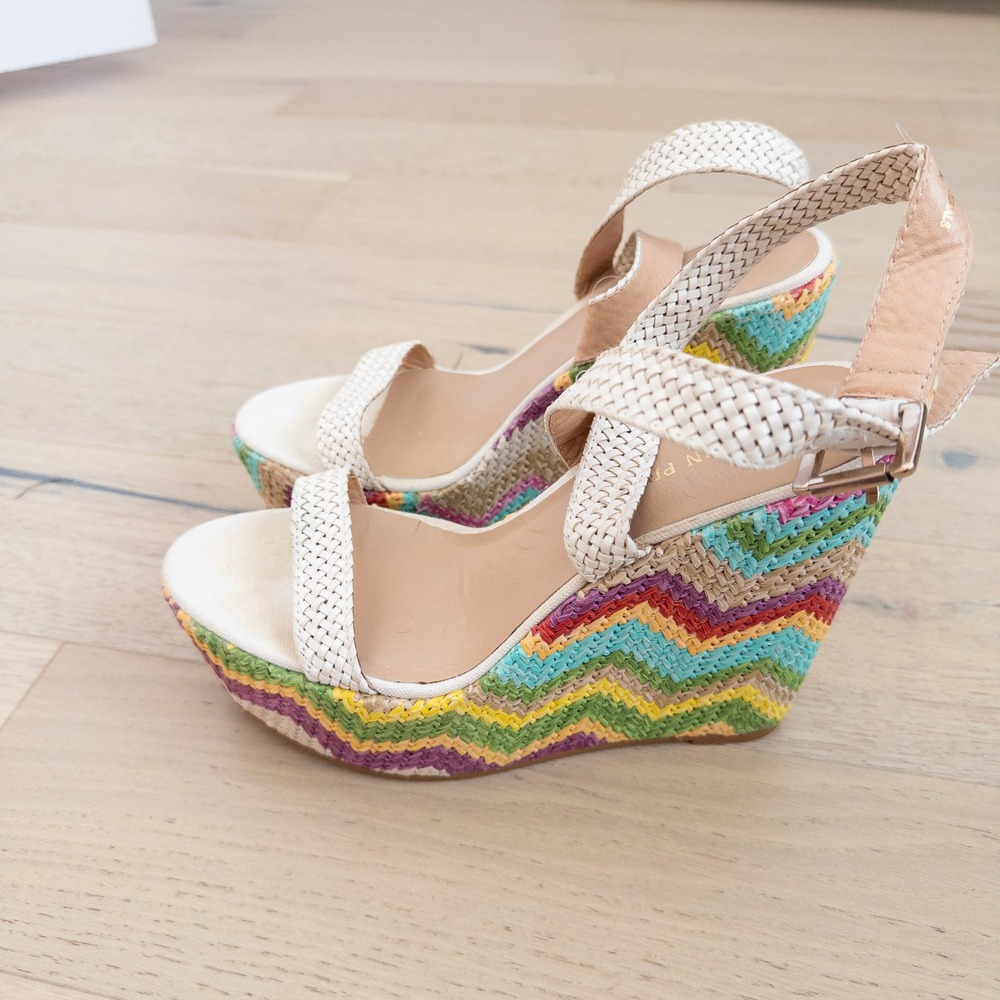 Boston Proper Womens‎ Wedge Sandal 8.5M Multi Chevron Woven Rainbow Boho Coastal